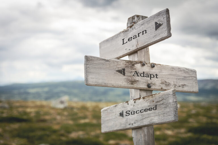 learn adapt succeed text quote written on wooden signpost at the crossroads outdoors in nature.